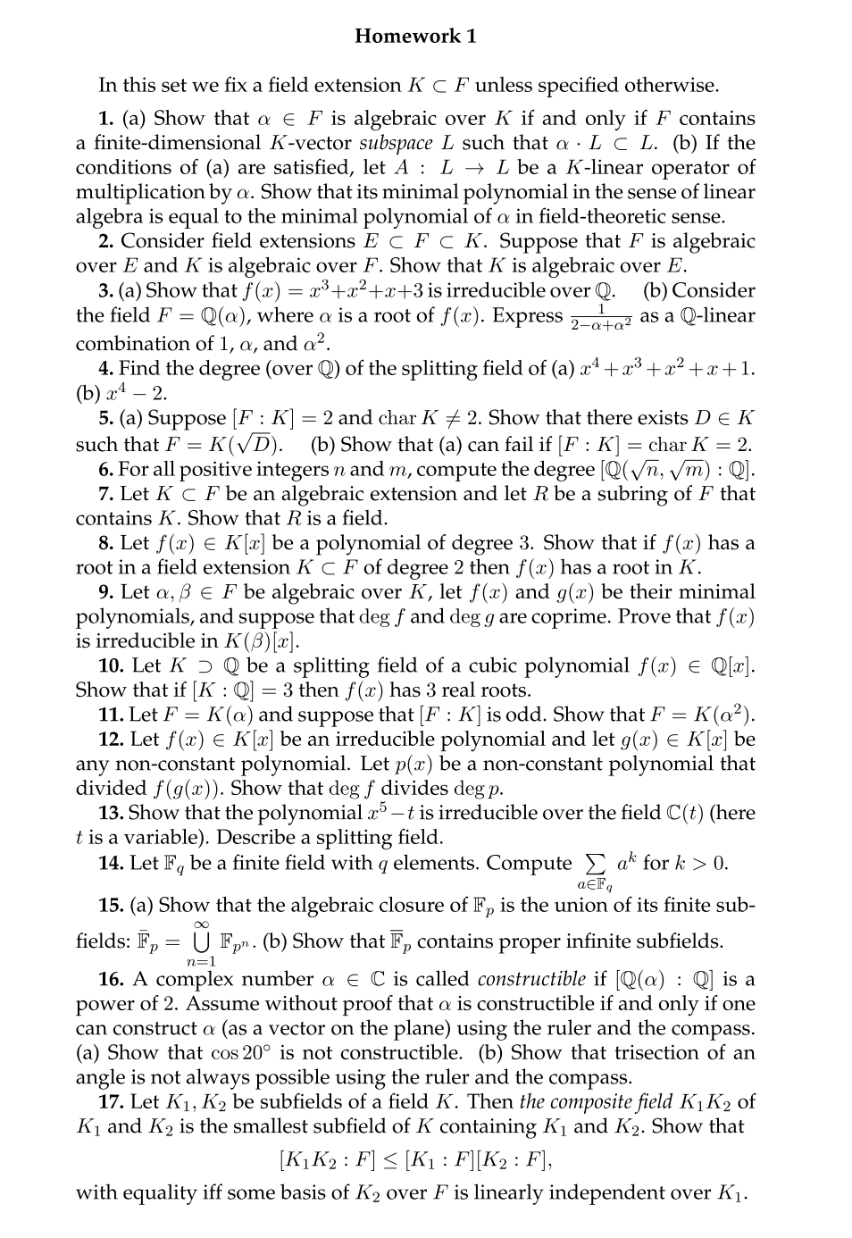 Homework 1 on field extensions