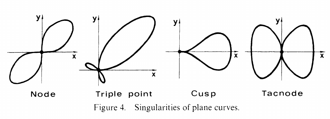 Singularities of plane curves: node, triple point, cusp, tacnode.