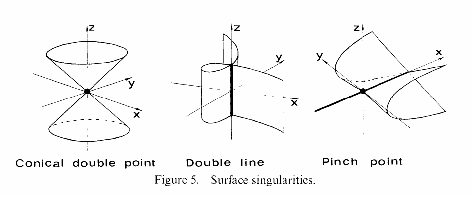 Surface singularities: conical double point, double line, pinch point.